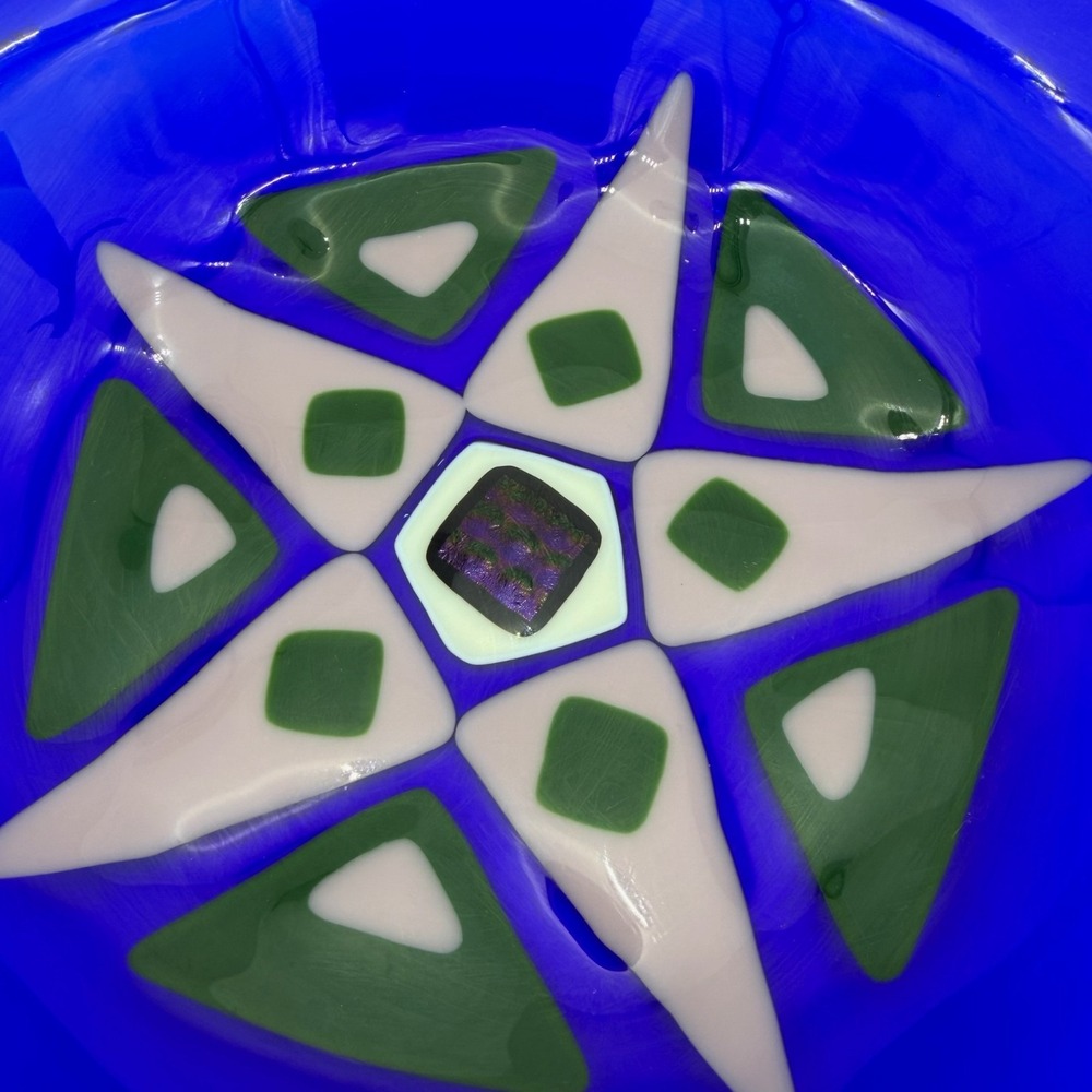 Vtg Studio Art Glass Bowl Cobalt Blue Fused Geometric Star Green Dichroic 11"